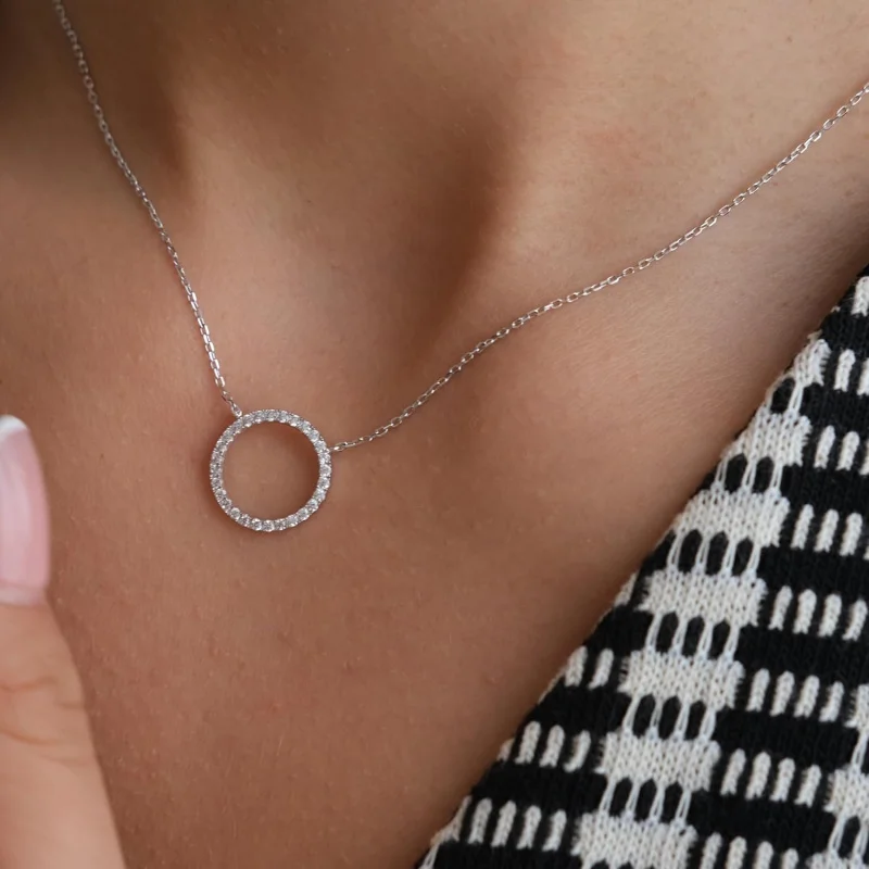 Stunning Sterling Silver Necklace for Women!Features a plated, pave - set circle pendant, exuding elegance and charm.