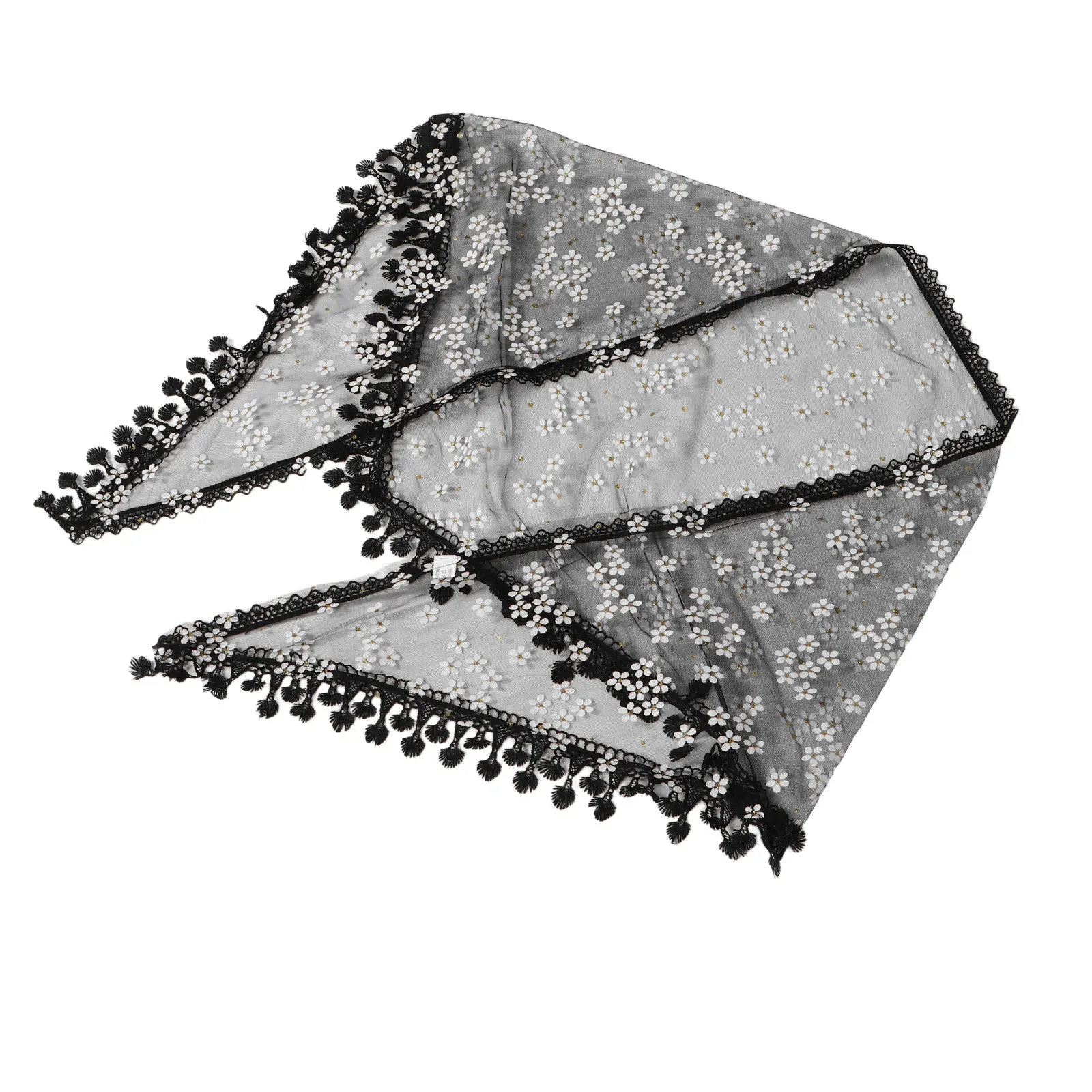 Catholic Floral Lace Triangular Scarf Women Elegant Embroidered Flower Applique Mesh Tassel Fringe Breathable Versatile Head