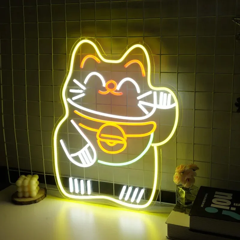 Lucky Cat LED Neon Sign Anime Neon Light Wall Decor for Shop Front Desk Home Wall Decor Neon Bar Sign Fortune Cat Welcome Light