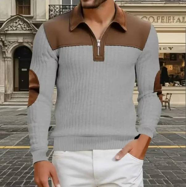 Men's Spring and Autumn New Corduroy Color blocked Striped Polo Shirt Fashion Street Casual Long Sleeve Half zip lapel pullover