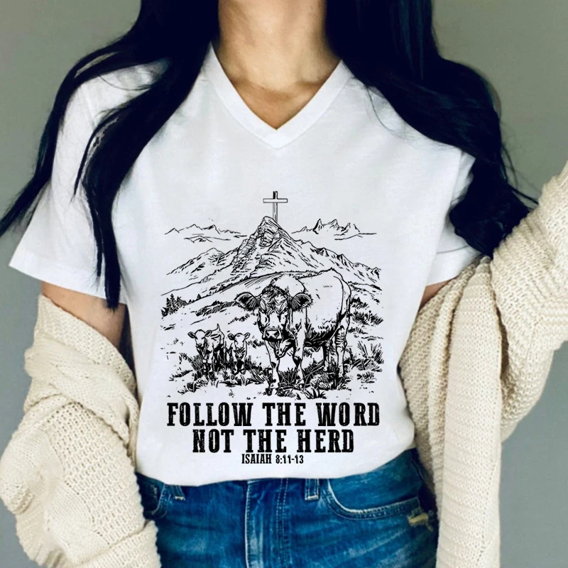 Follow The Word Not The Herd Graphic T Shirt Women Western Cowgirl Christian T-Shirts Mountain Cattle Religion V-Neck Tshirts