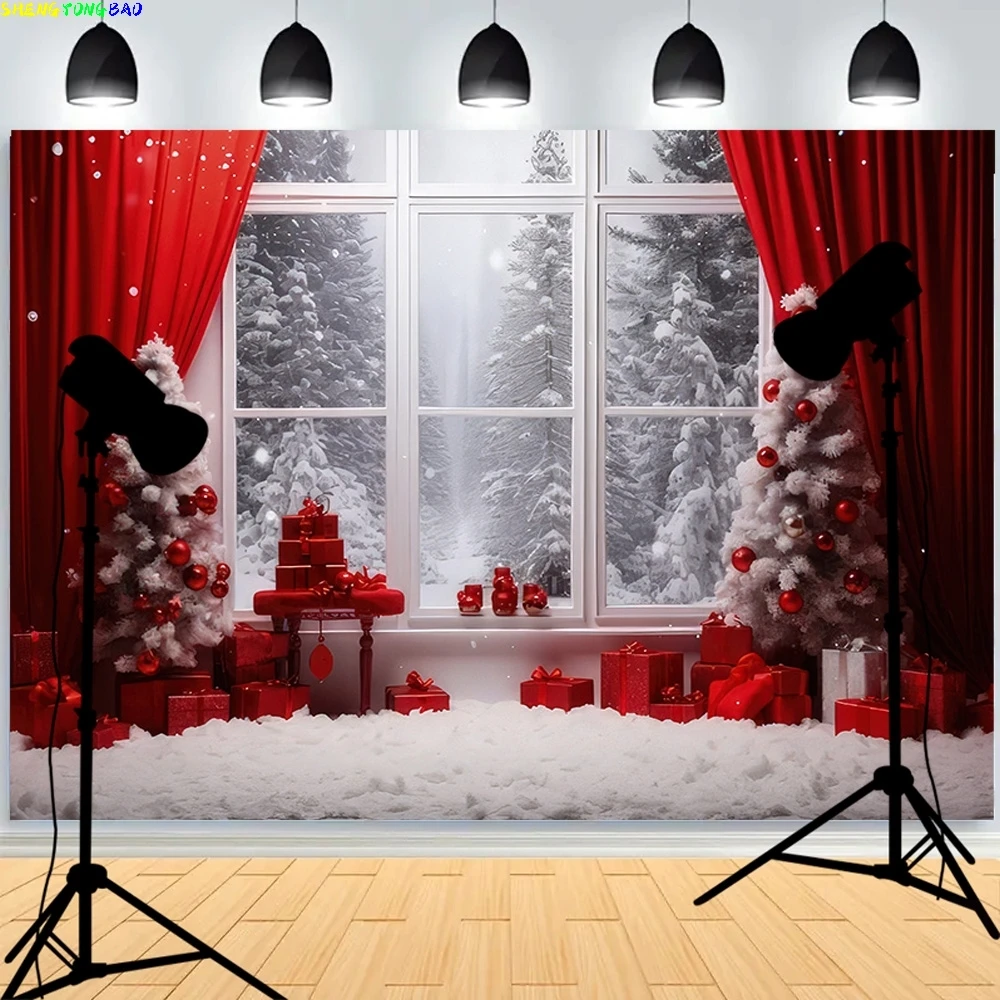 

Festive New Year Background Homely Atmosphere Fireplace With Christmas Tree Presents Wreath Archway Photography Backdrops DC-25
