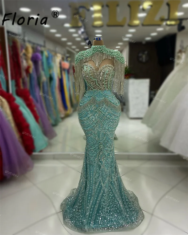 Sparkly Crystal Beads Dubai Prom Dresses Cap Sleeve Mermaid Formal Evening Party Gowns Green Arabic Women Wedding Event Dresses