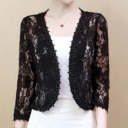 2022 Autumn Lace Beaded Hollow Sunscreen Cardigan Elegant Short S-4XL Large Size Coat Soft Clean V-neck Noble Jacket Woman