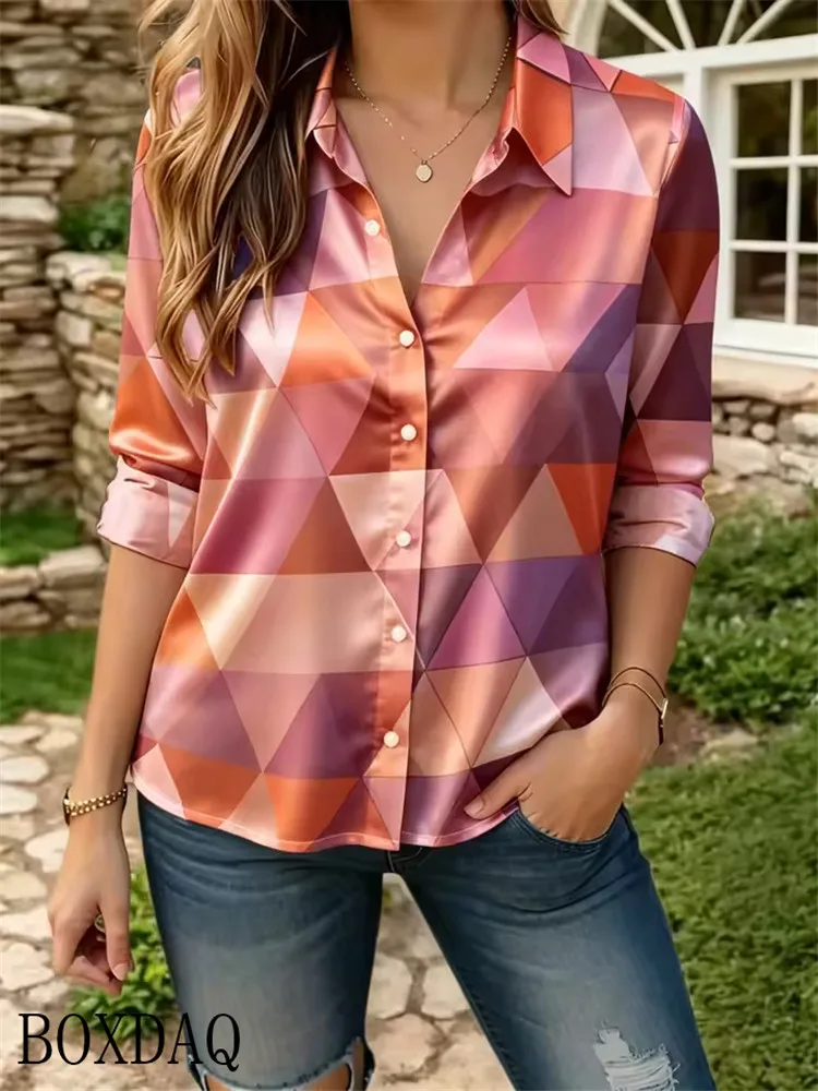 Spring and Autumn women's geometric triangle printed lapel shirt, fresh button casual outdoor shirt, fashionable women's top