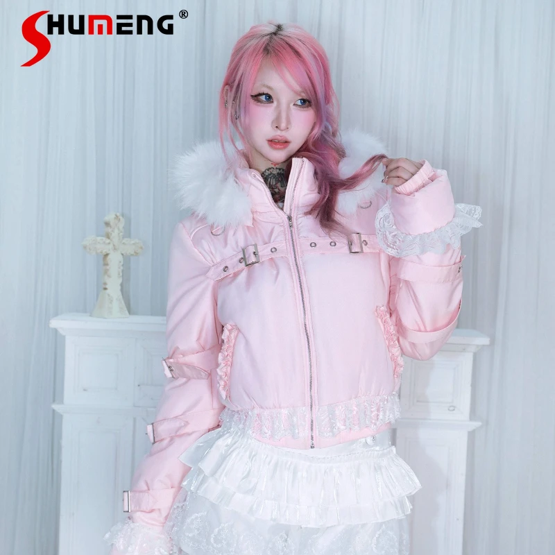 

New Japanese Rojita Style Warm Zipper Detachable Hat Outerwear Black and Pink Two-tone Strap Punk Cotton Jacket Coat For Ladies