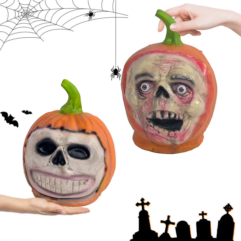 Horror Pumpkin Head Latex Figurine Halloween Spoof Decoration Scary Table Ornament for Bar Haunted House Escape Room Party Prop