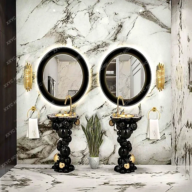 Stainless steel pedestal table top black designer art golden hand bathroom wash basin with pedestal