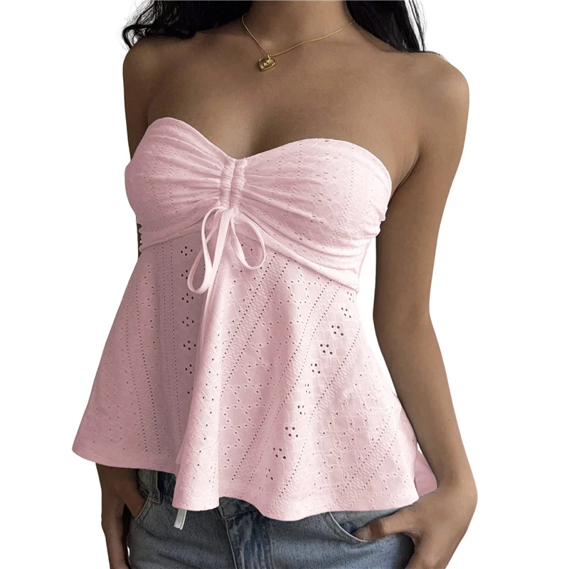 

A83F-Женский топ без бретелек с завязками спереди и рюшами, расклешенный подол, топы-бандо с баской