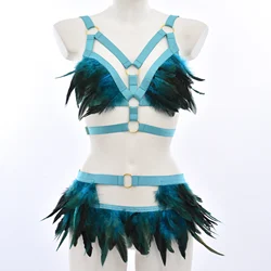 Hollow Elastic Feather Body Harness Set Adjustable Body Cage Bra Blue Bondage Sexy Lingerie Two Piece Dance Wear Harness Belt