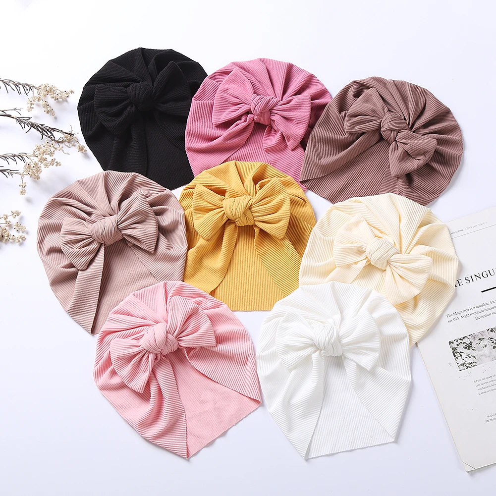 8Pcs/Lot Solid Ribbed Bowknot Baby Girl Turban Hat for Newborn Form 0 to 4T Bebe Boy Winter Autumn Caps Infant Hair Accessories