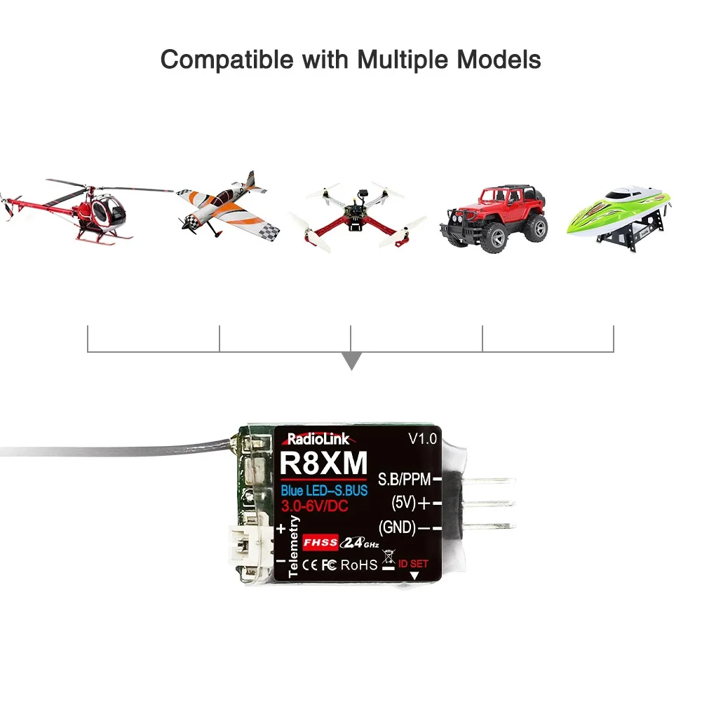 Radiolink 8-kanałowy miniodbiornik R8XM 2,4 GHz Zintegrowany telemetria Napięcie pojazdu 4000 metrów Kontrola i odległość telemetryczna