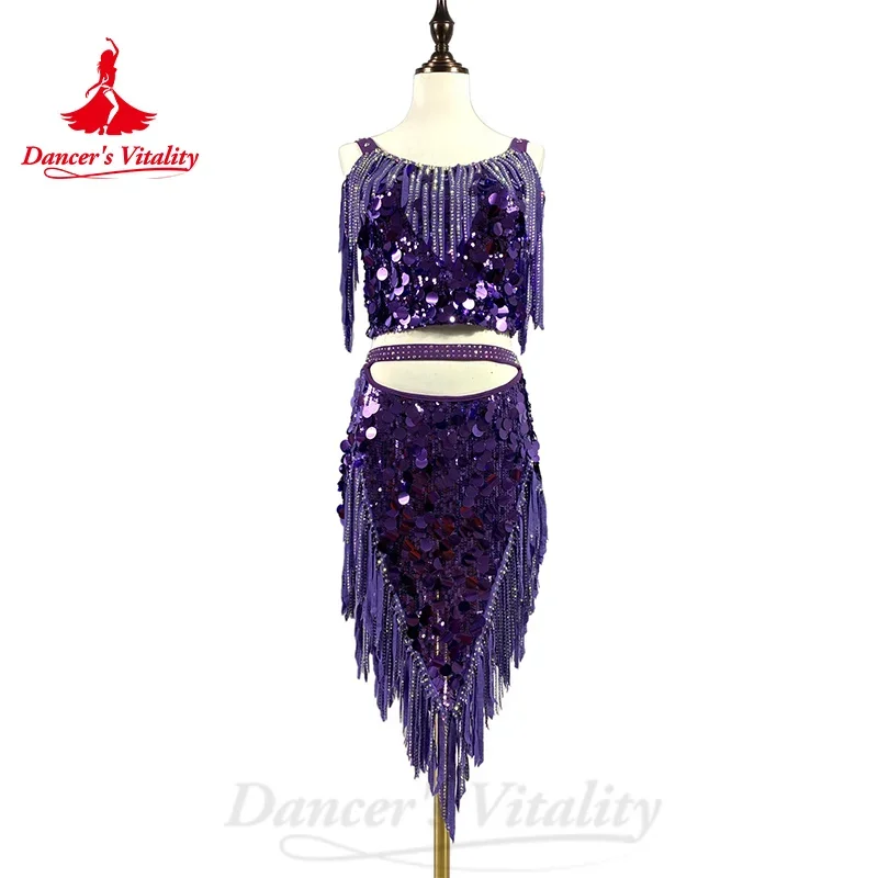 BellyDance Costume Set Customsized Big Sequins Top+Sexy Fringe Skirt 2pcs Adult Children Oriental Dance Performance Costumes