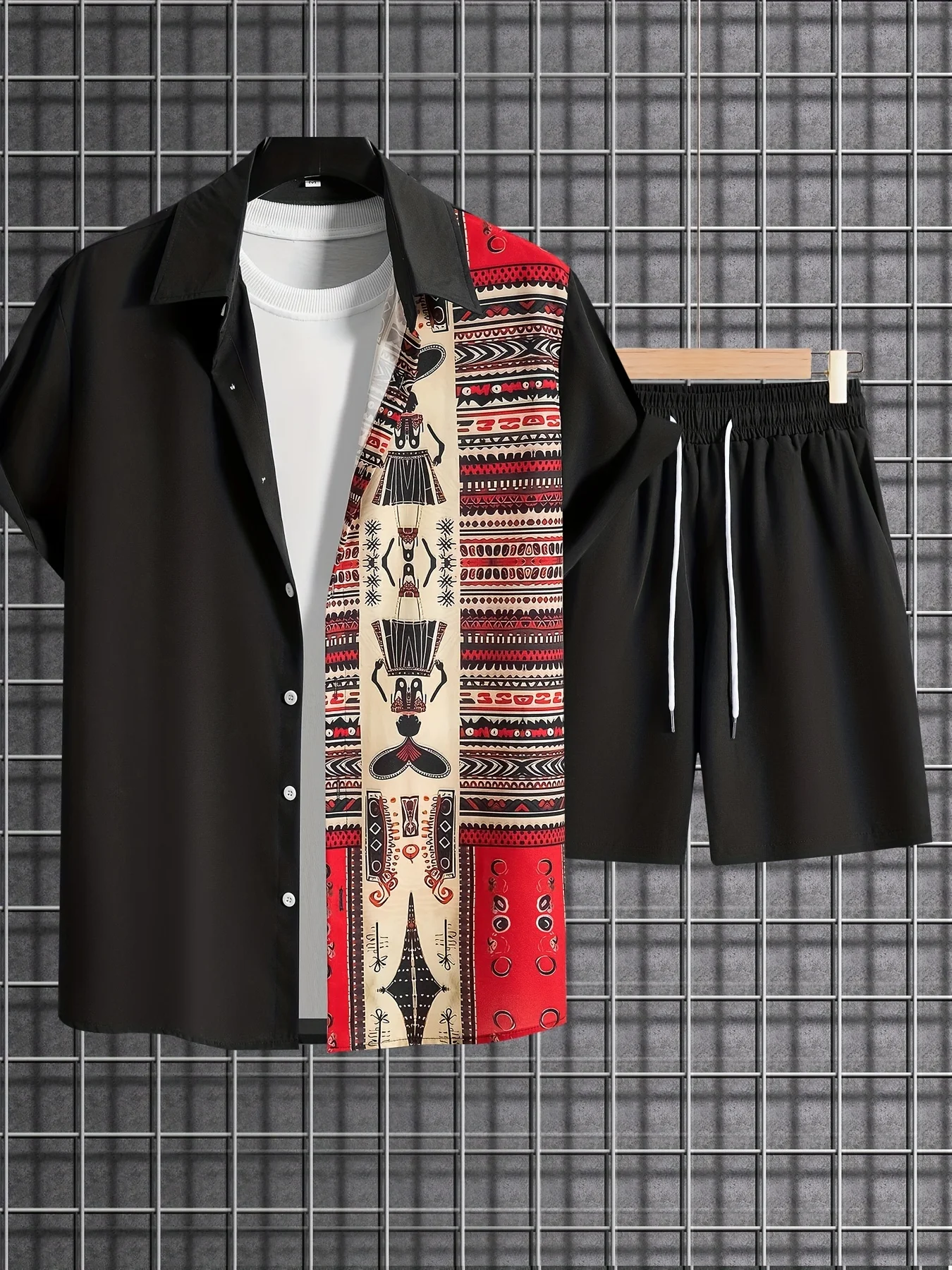 Men's Summer Retro Ethnic-Print Shirt Set Stylish Short-Sleeve Shirt with Lapel and Button-Down Design Beach Vacation Casual Set