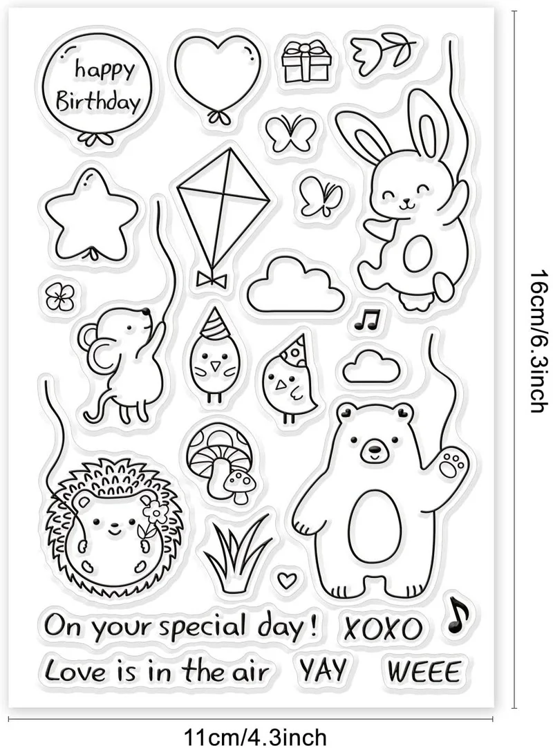 1PC Animals Silicone Clear Stamps Bear Hedgehog Rabbit Transparent Stamps for Birthday Valentine's Day Cards Making DIY