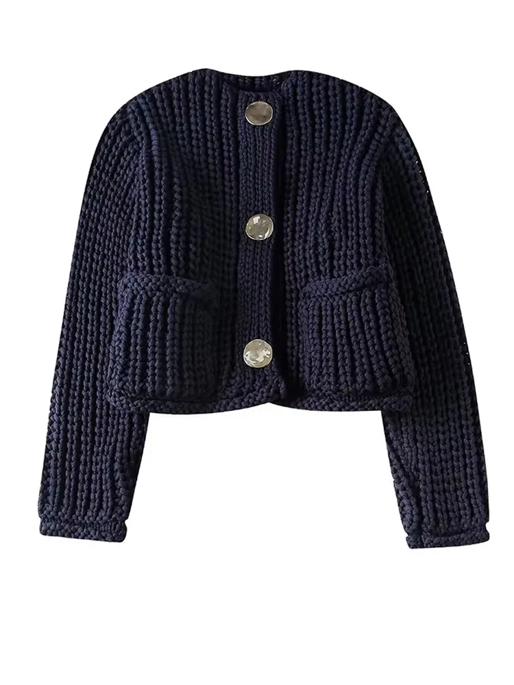 2024 Woman\'s Blue Coarse Knitted Sweater Coats Buttons 2 Pockets Female Solid Navy Fashion Vintage Casual Street Cardigan