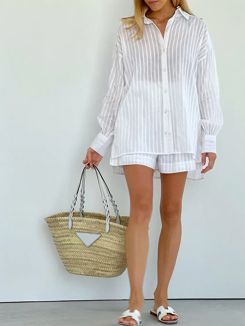 Cotton Fashion Versatile Casual Set 2024 Summer New Stripe Small Stand Solid Color Thin Long sleeved Shorts for Women