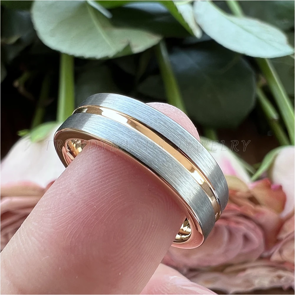 6mm Men\'s Women\'s Rings Tungsten Wedding Band Rose Gold Color With Brushed And Center Grooved Finish Comfort Fit