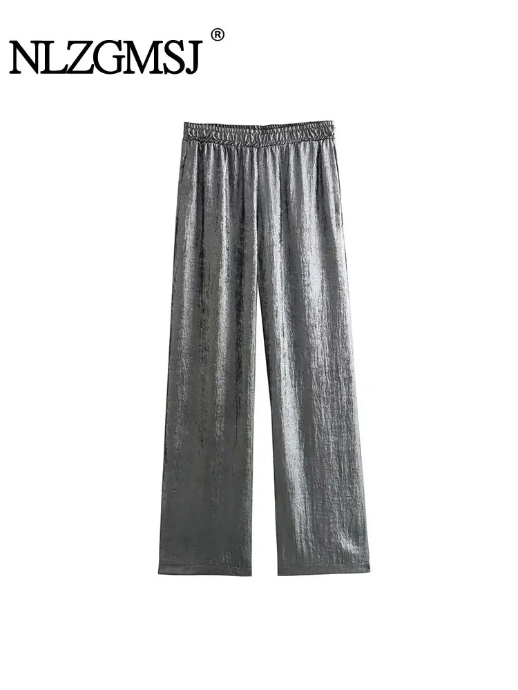 

Nlzgmsj TRAF 2024 Glitter Baggy Pants Woman Silver Foil Trousers Womens Pleated High Waist Pants for Women Autumn Pants