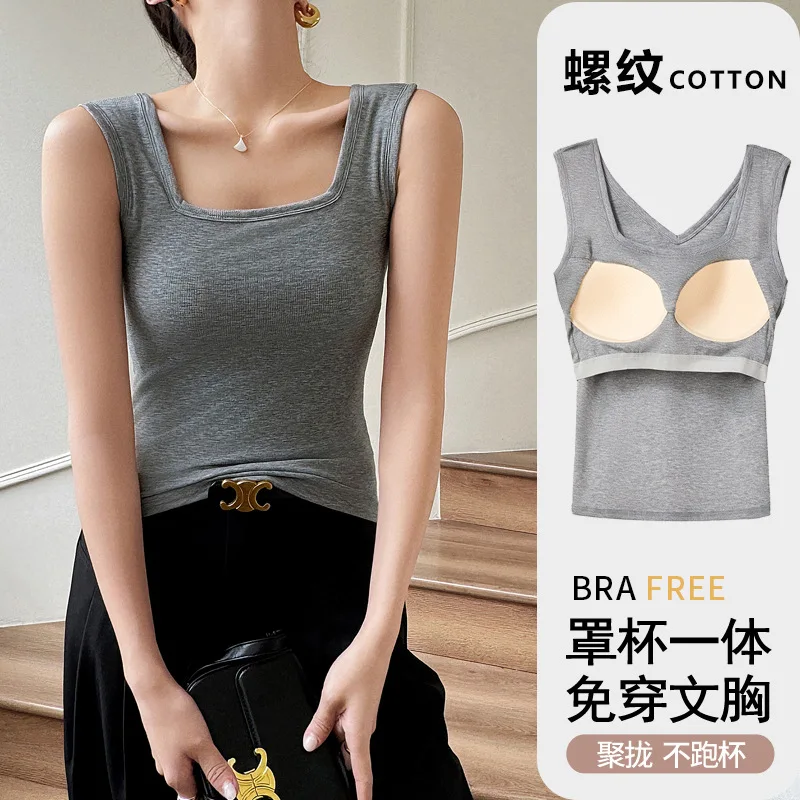 Spring Summer White Vest with Chest Pad One Bottom Strap for Women Knitted Outer Wear Y2k Tops Crop Top Women Tank Top Slim Cut