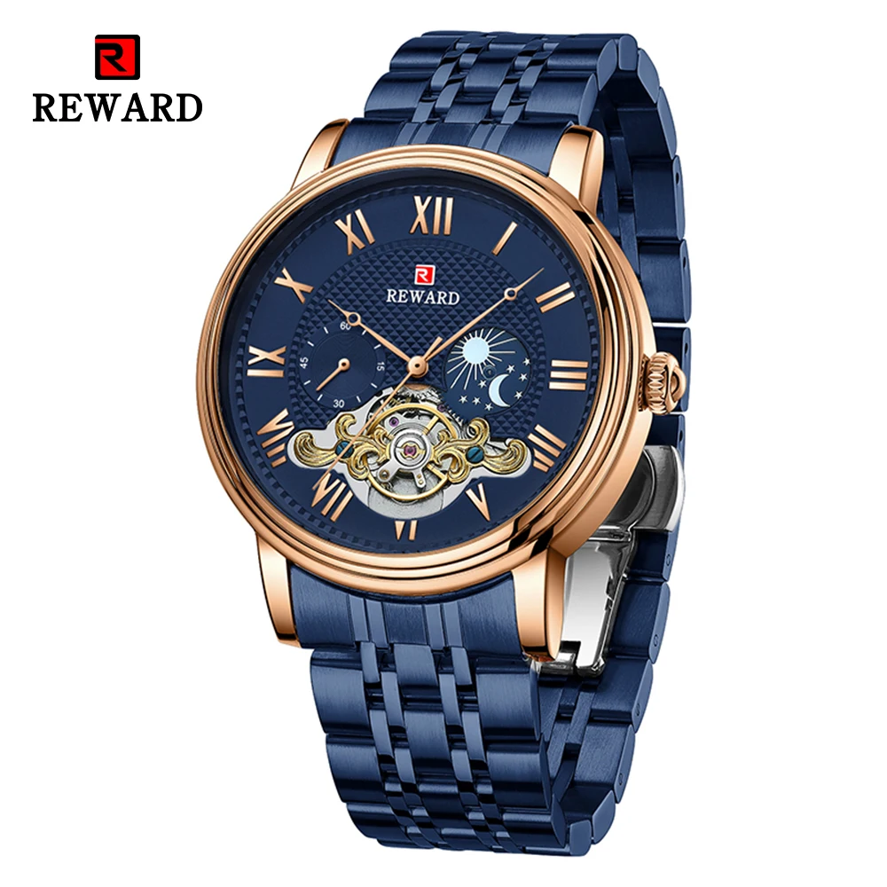 REWARD New Fashion Mens Mechanical Wristwatch Automatic Winding Stainless Steel Waterproof Sport Wrist Watches Gift for Him