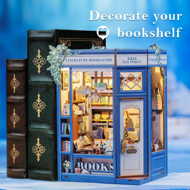 CUTEBEE Wooden Book Nook Dollhouse Kit Miniature Doll House Kits Booknook Bookshelf with Led Light for Literature Bookstore