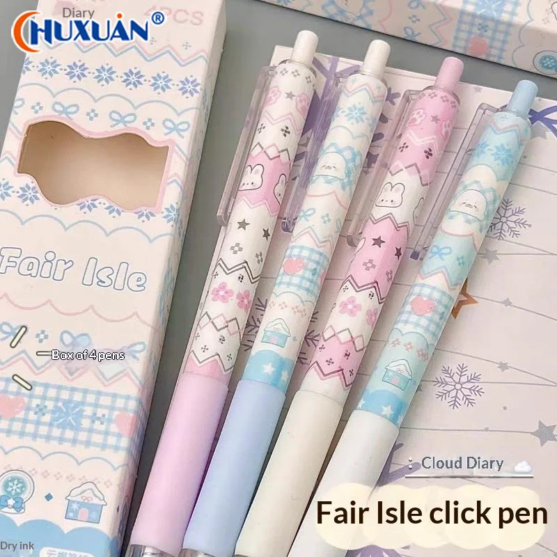 Q 4Pcs Cartoon Ins Style Printed Press Pen, Student Quick-dry Practice 0.5mm Black Pen Cute Pens Gel Pen