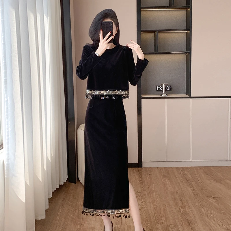 Autumn New Fashion Velvet Tassel Two Piece Set Women Long Sleeve Elegant Crop Top + Hight Waist Bodycon Split Skirt Suits Female