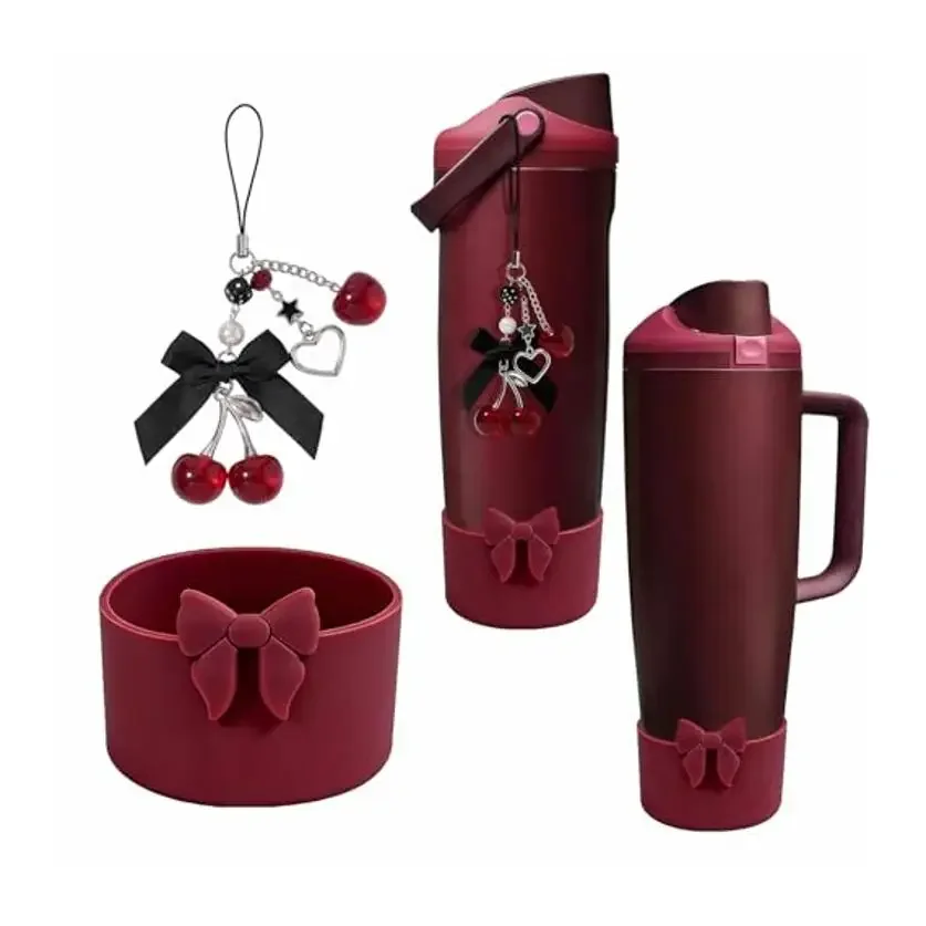 1set Black Cherry Charm & Bow Silicone Boot for Owala 24/32/40 Oz, Perfect Water Bottles Accessories Set Pendant for Owala