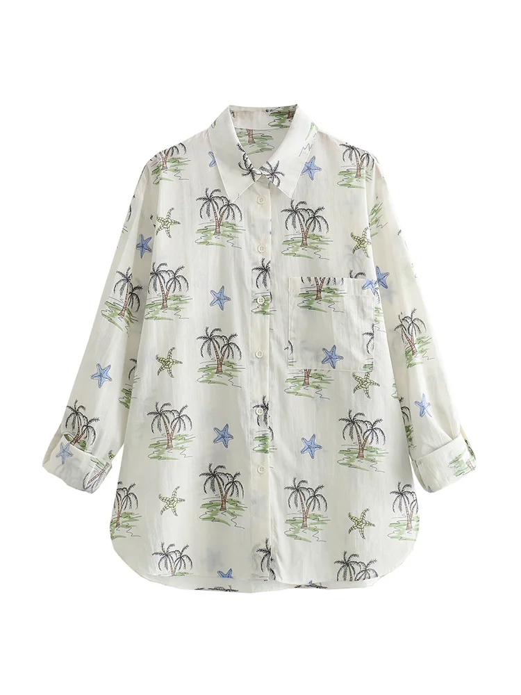 Fashion Shirts For Women 2024 Spring Palm Print Shirt With Chest Pocket Rolled Cuffs Long Sleeve Button Up Shirt Ladies Tops