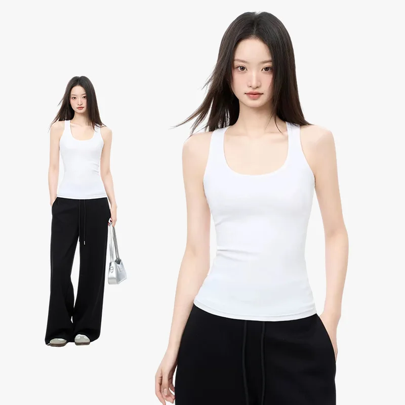 Damen Sommer Weißes U-Ausschnitt Tanktop Mädchen Studentin Seitlich Bedeckendes Camisole Frauen Schlankes Ärmelloses Teen Street Dance Sport Tanktop Dame