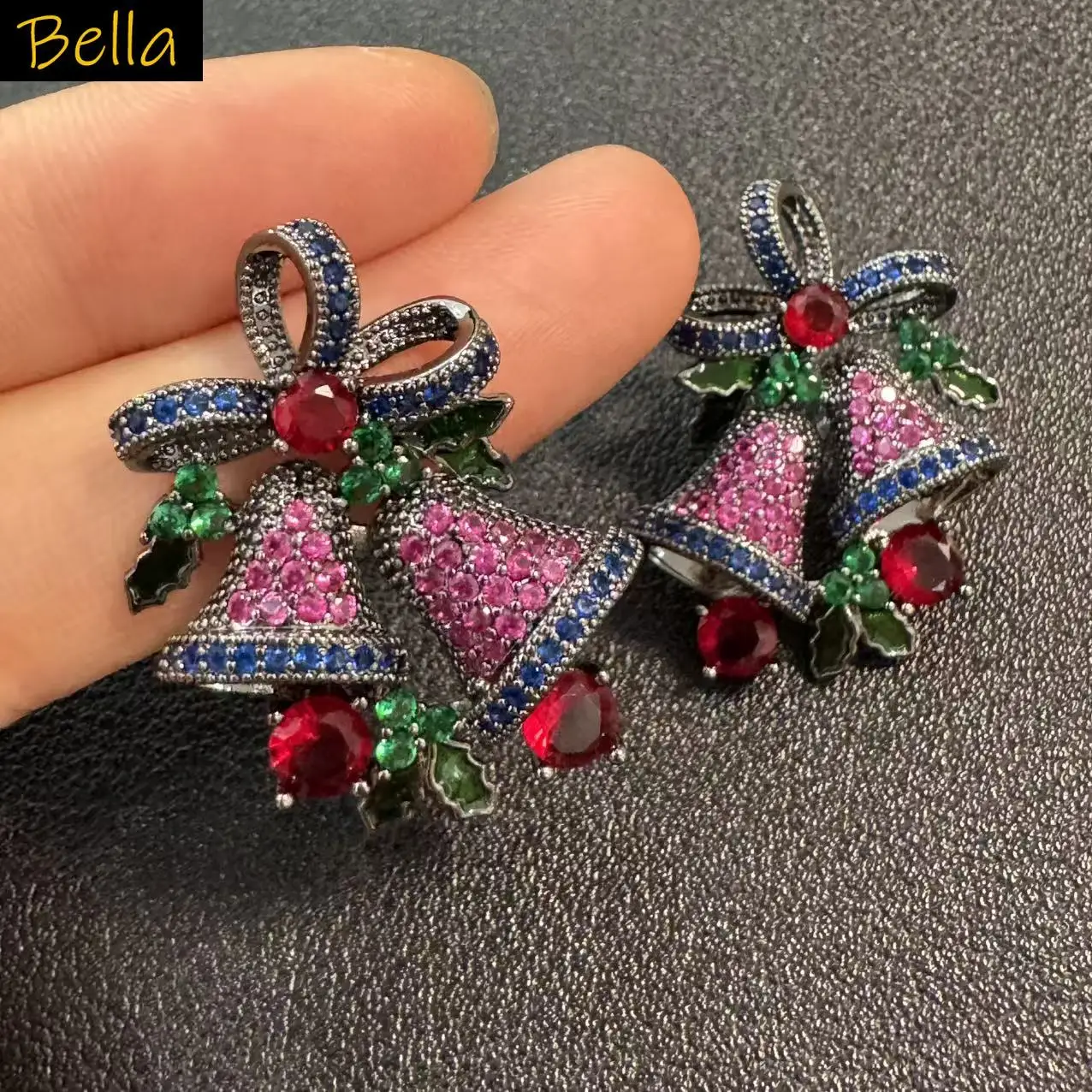 Christmas Jingle Bell Zircon Stud Earrings For Women Colorful CZ Bow Leaf Jewelry Perfect Xmas Gift For Ladies Girls