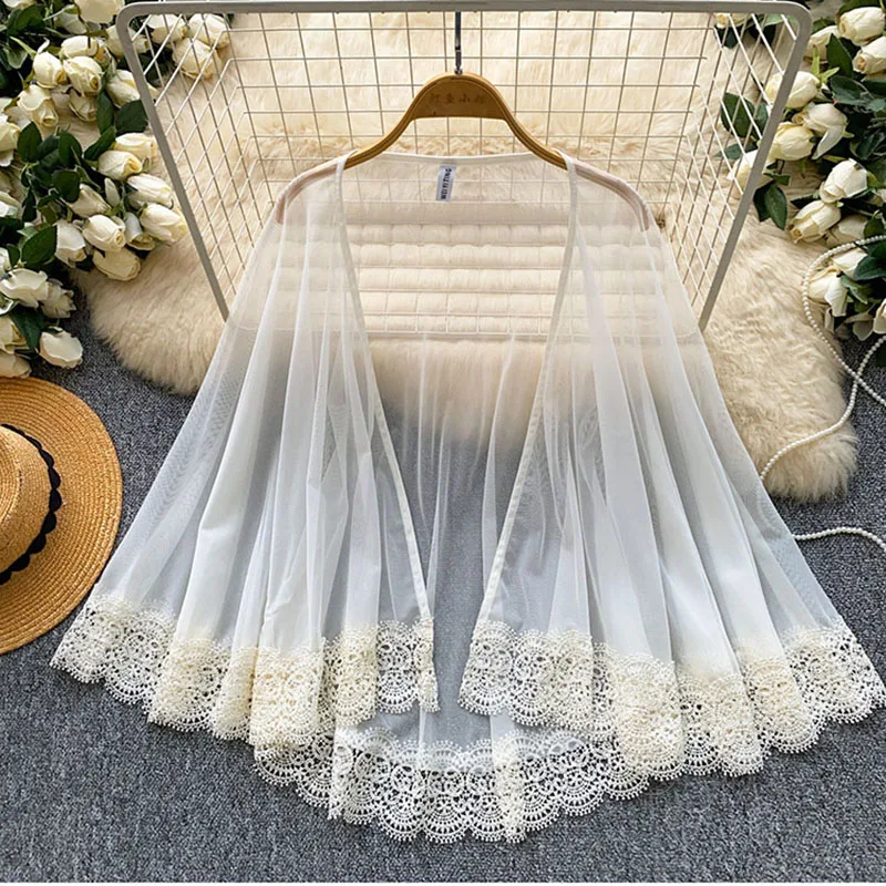Summer Sweet Wind Transparent Thin White Mesh Cardigan Women's Long Sleeve Loose Sunscreen Air Conditioning Blouse Top C558