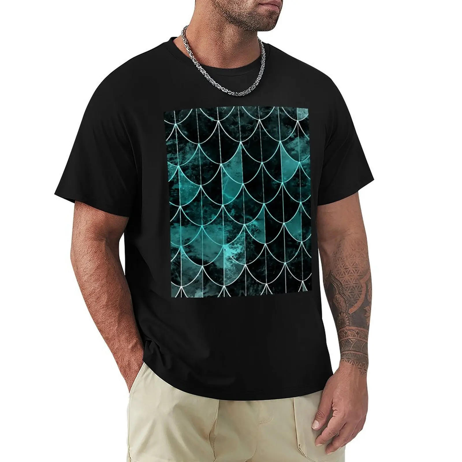 Mermaid scales. Mint and black. T-Shirt Soft Basic Cotton Short Sleeve Tee