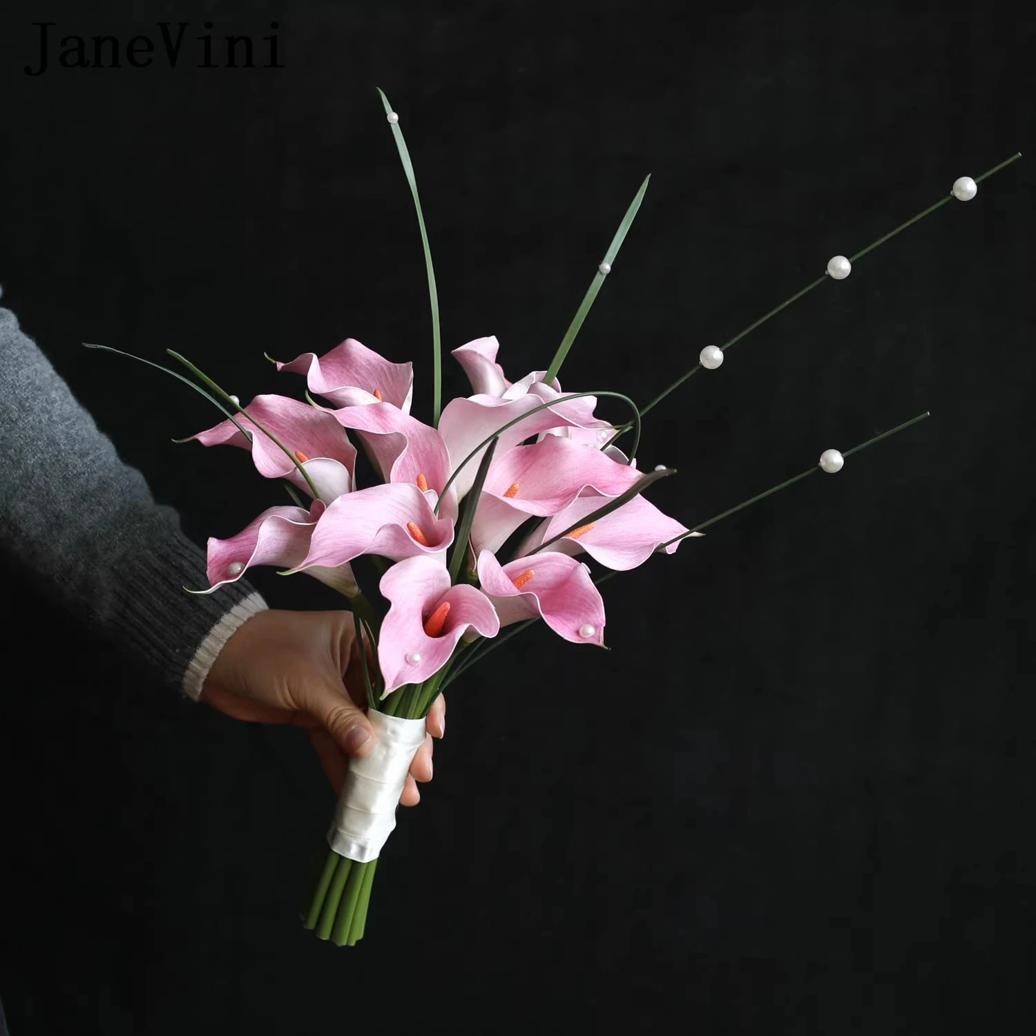 JaneVini Elegant Pink Calla Lily Bridal Bouquet Pearl Artificial White Wedding Flower Handheld Bouquet Ramo De Novia Vintage