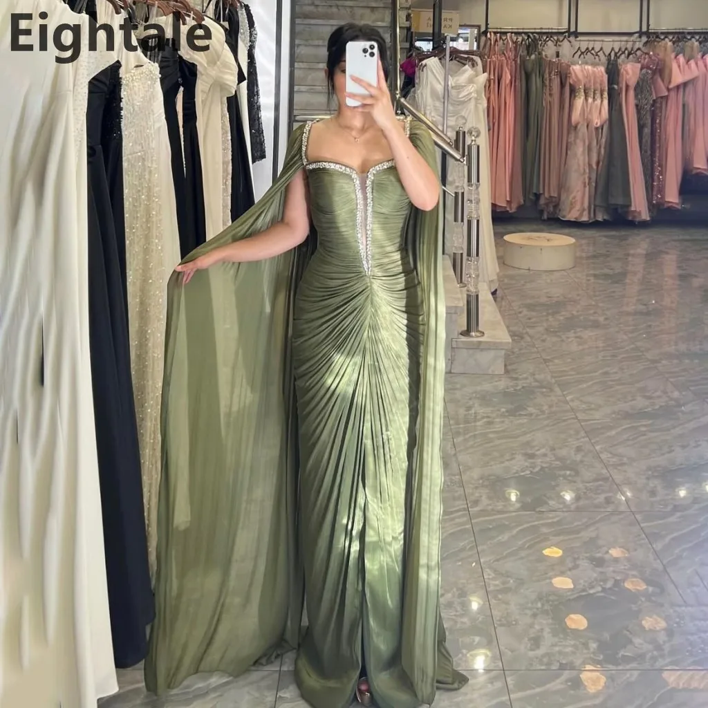 

Eightale 2025 Army Green Maxi Evening Dress With Cape Wedding Party Formal Prom Dress Dubai Party Gown Customized Robe de soiree