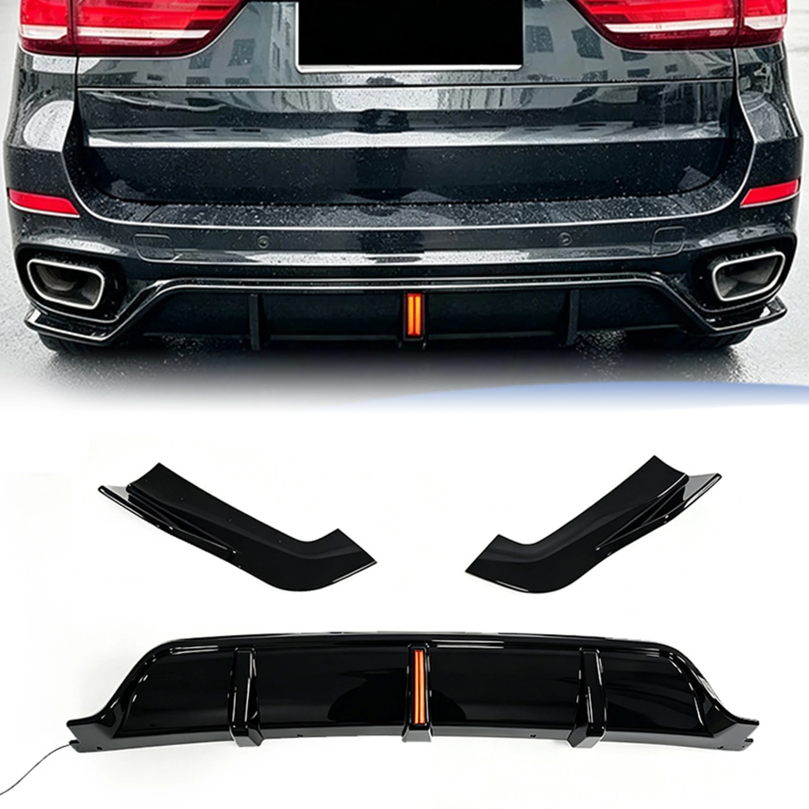 For 2014-2019 BMW X6 F16 M Sport Rear Diffuser Bumper Lip Side Spoiler Splitter Cover Tail Boot Air Dam Protector Gloss Black
