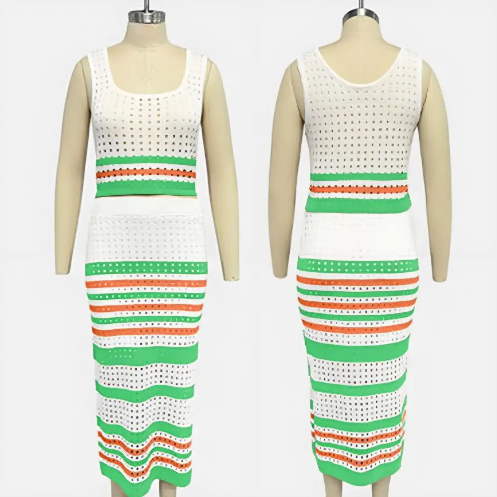 

Two Piece Skirt Set for Women Striped Bodycon Slit Midi Skirt And Sleeveless Crop Tank Top Set Summer Knitted Hollow Outfit