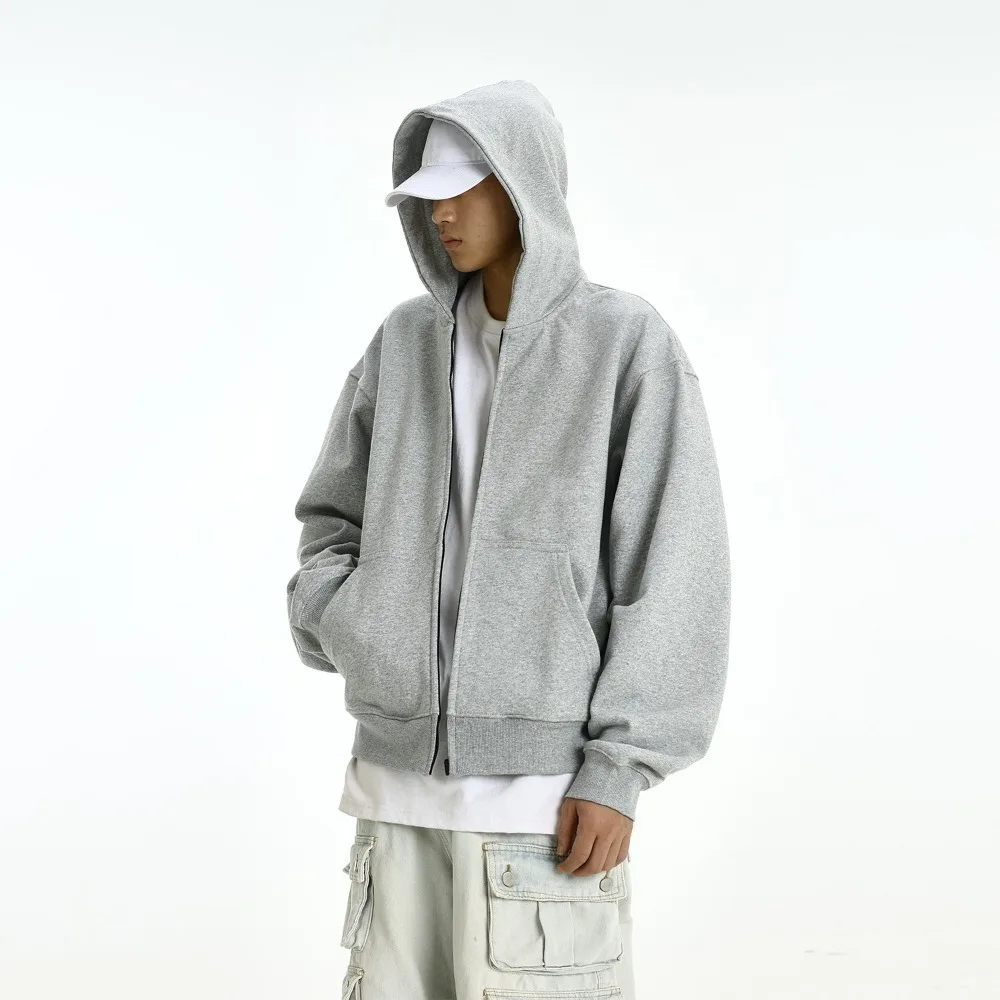 テスコ ライトグレー オーバーサイズ ジップアップ パーカー - コットンブレンド、男女兼用カジュアルデイリーウェア