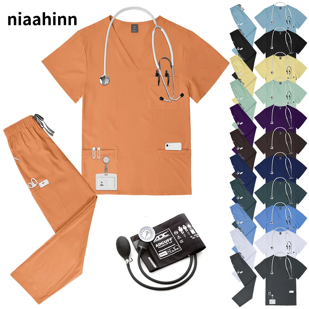 Multicolor V-neck Scrub Tops+Pants Set Pet Hospital Doctor Workwear Unisex Clinical Surgery Uniforms Medical Nurse Uniform S-XXL