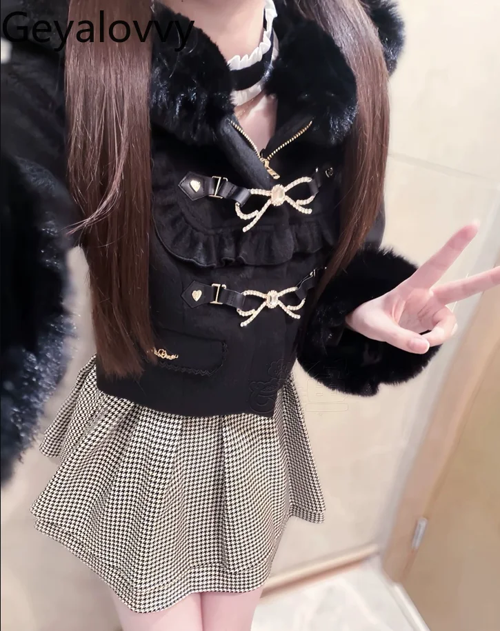 

Winter New French Sweet Design Bow Hooded Jacket Solid Color Versatile Cute Girls Heart Leather Button Short Thick Wool Coat