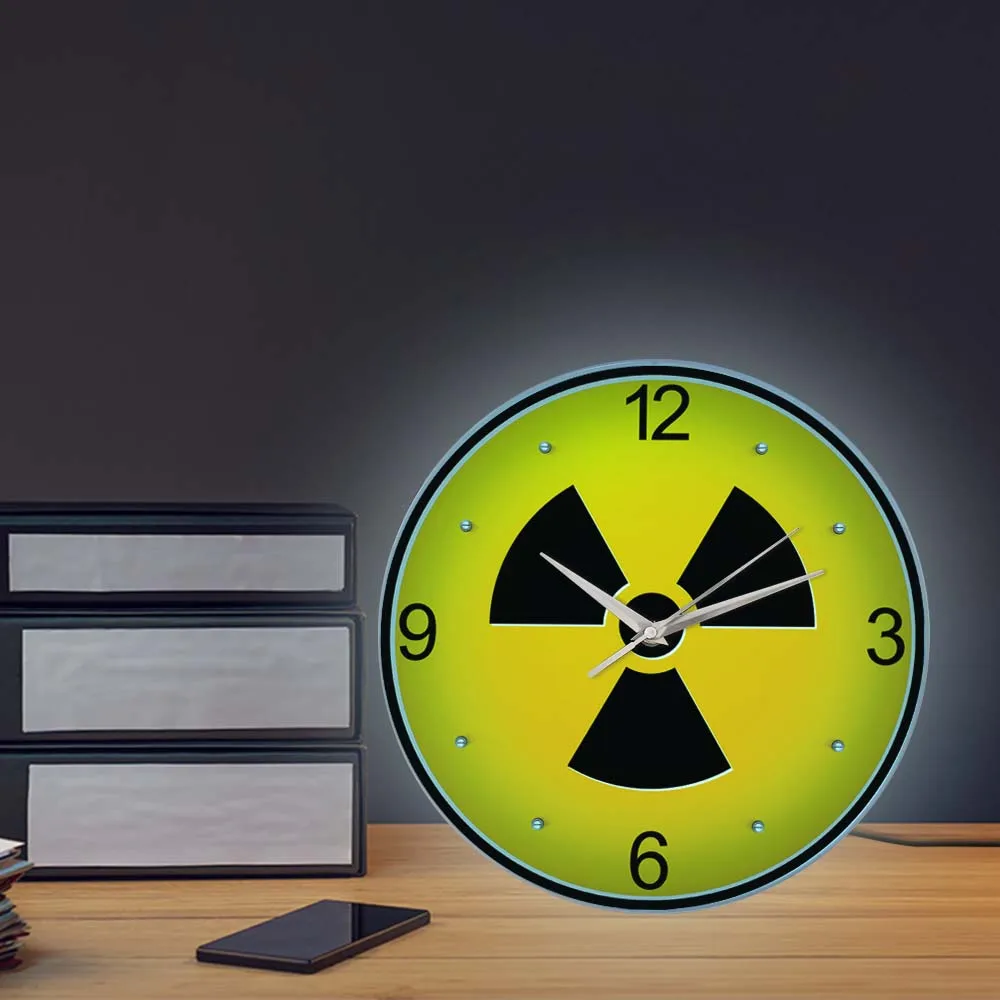 Radiation Sign Silent Wall Clock With Light Laboratory Decor Radiation Nuclear Atomic X-Ray Symbol Danger Logo LED Lamp Clock