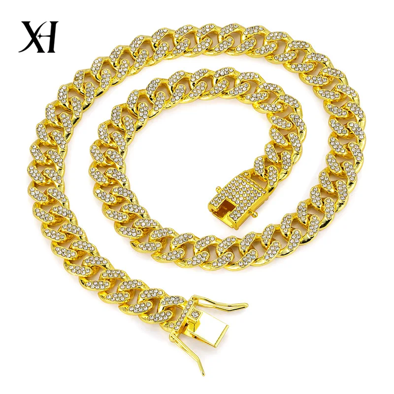 

New classic 13mm Cuban chain alloy full-diamond hip-hop style gold-plated necklace for men and women hand chains