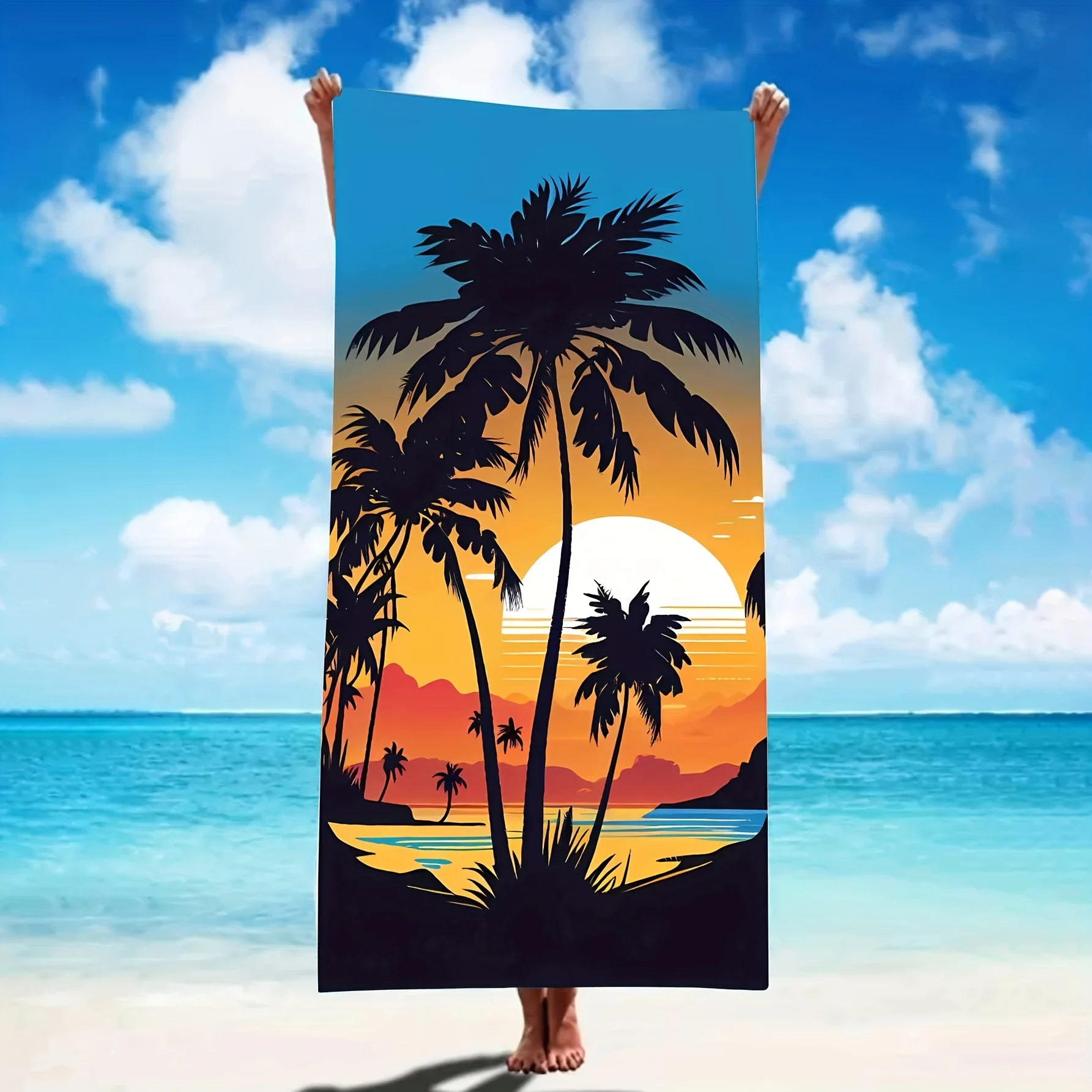 Summer Ready: 1Pc Sunset & Coconut Tree Print Beach Towel - Soft, Absorbent & Lightweight!