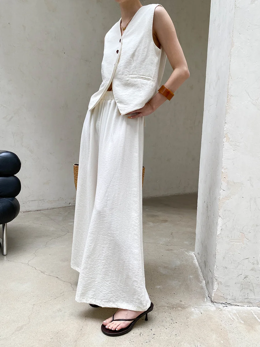 Summer women's casual solid color waist cinched sleeveless vest wide leg pants set