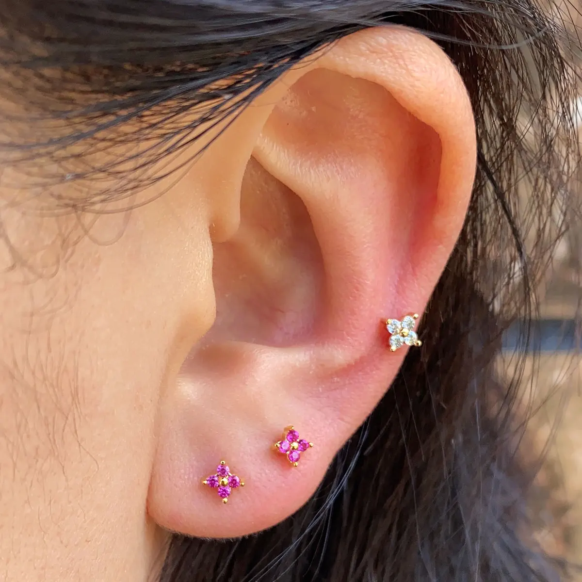 1PC 20G Crystal Flower Small Stud Earrings for Girl Sweet Cute Red Zircon Piercing Cartilage Ear Ring Women\'s Aesthetic Jewelry