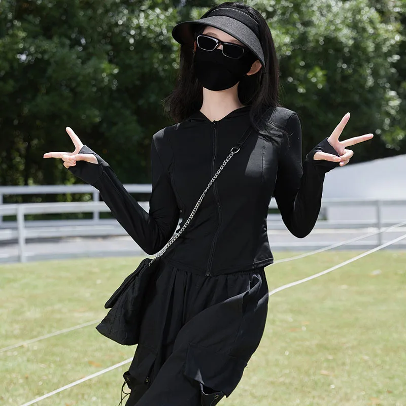 New Yoga Sports Jacket Women Zipper Hooded Ice Silk Breathable Sun Protection Coat Korean Slim UV Protective Sunscreen Clothing