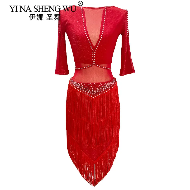 2PCS Women Belly Dance Costume Hot Diamond Fringe Skirt Set Ladies Latin Dance Performance Skirt Top Modern Dance Practice Suit