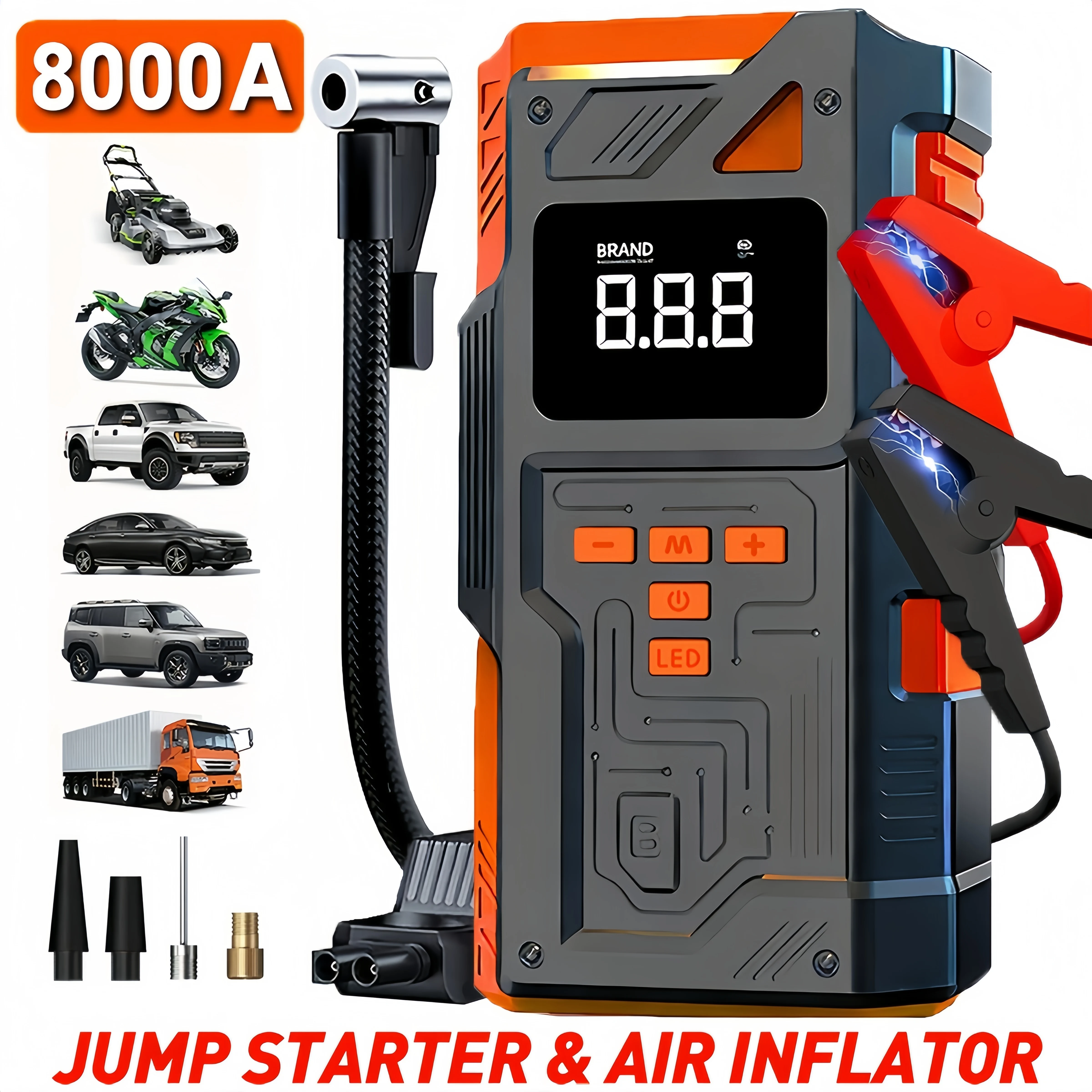 

8000A Enhanced Car Battery Charger, 180Psi Digital Tire Air Compressor, 10-in-1 Car Emergency Jump Starter, 12V Jump Starter Cable and Connecting Wires