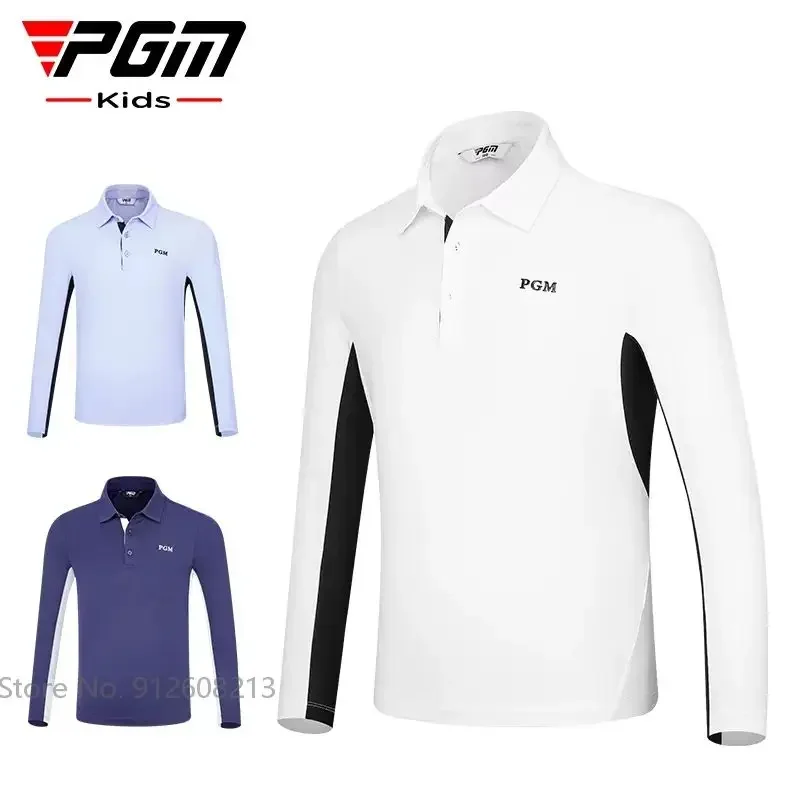 PGM Teenager Sports Polo T-Shirt Boys Golf Wear Long-sleeve Golf Shirt Children Elastic Patchwork Tops Kids Soft Sportswear S-XL